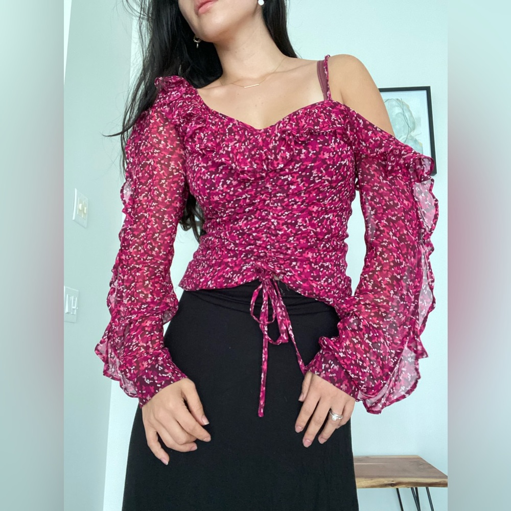 Ruched ruffle pink top